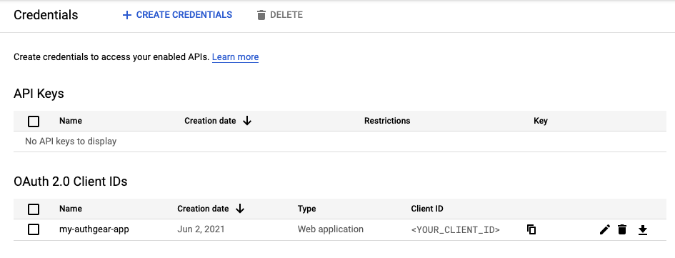 OAuth Client ID in the Credentials page
