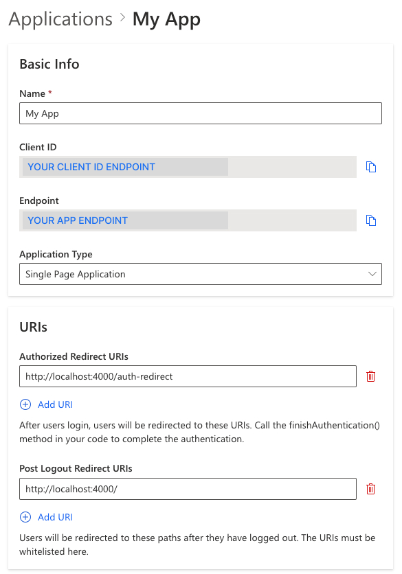 Configure Authorized Redirect URIs and Post Logout Redirect URIs.