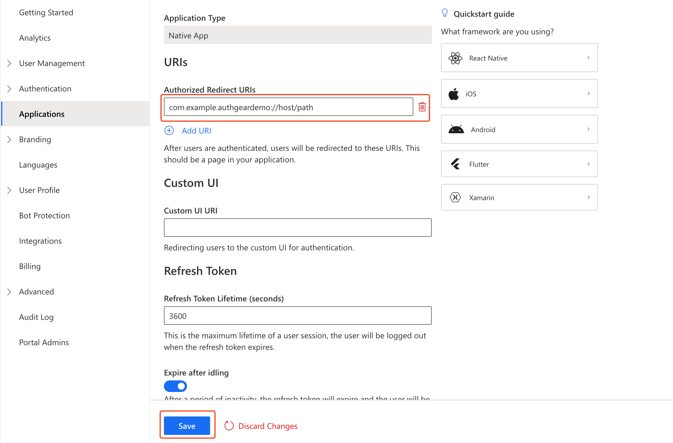 Fill in the Authorized Redirect URI