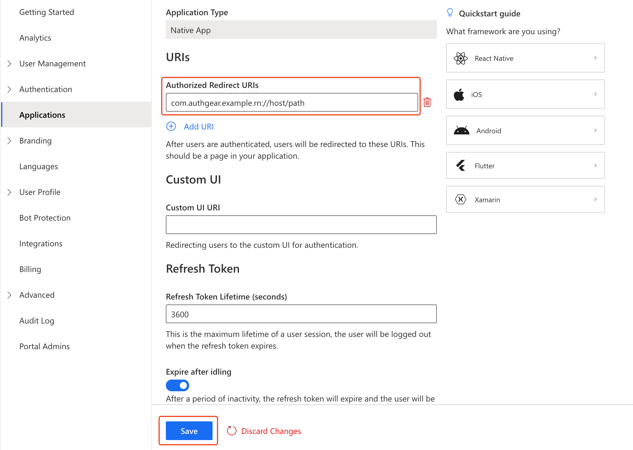 set redirect URI