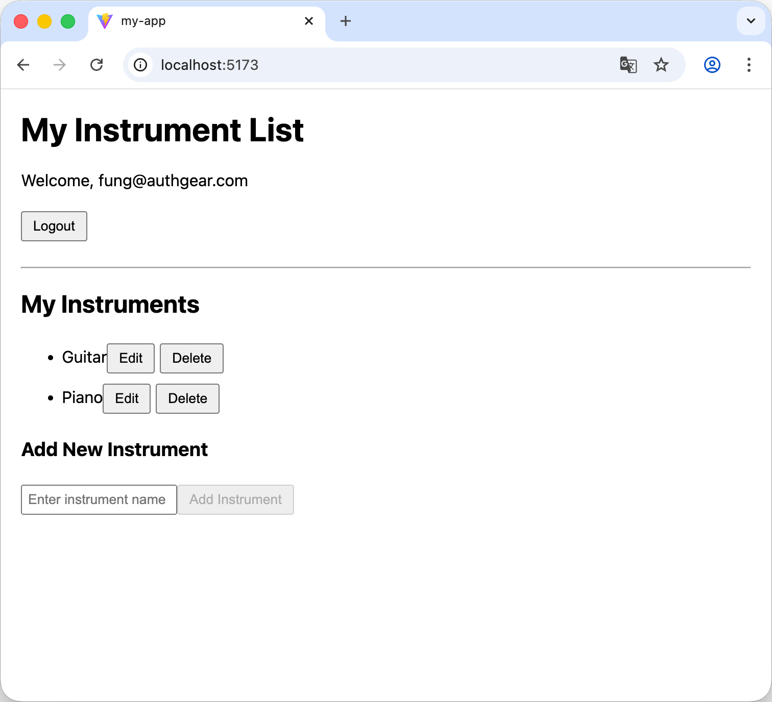 Simple instrument tracking app where users can manage their personal collection after logging in with Authany