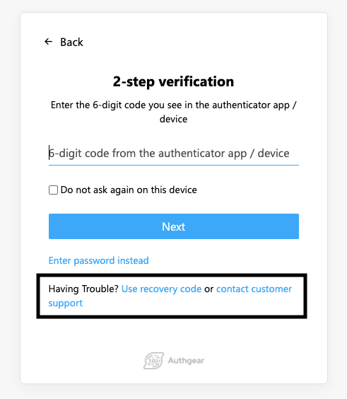Contact customer support in the 2-step verification screen